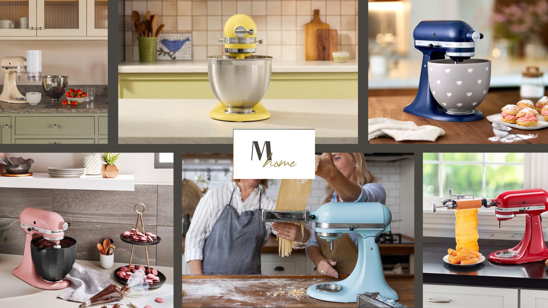 Koláž kuchyňských robotů KitchenAid v různých úkonech